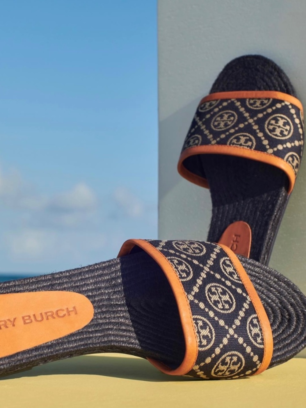 Tory Burch T Monogram Espadrille Slides Navy Tan Sandals Size 8